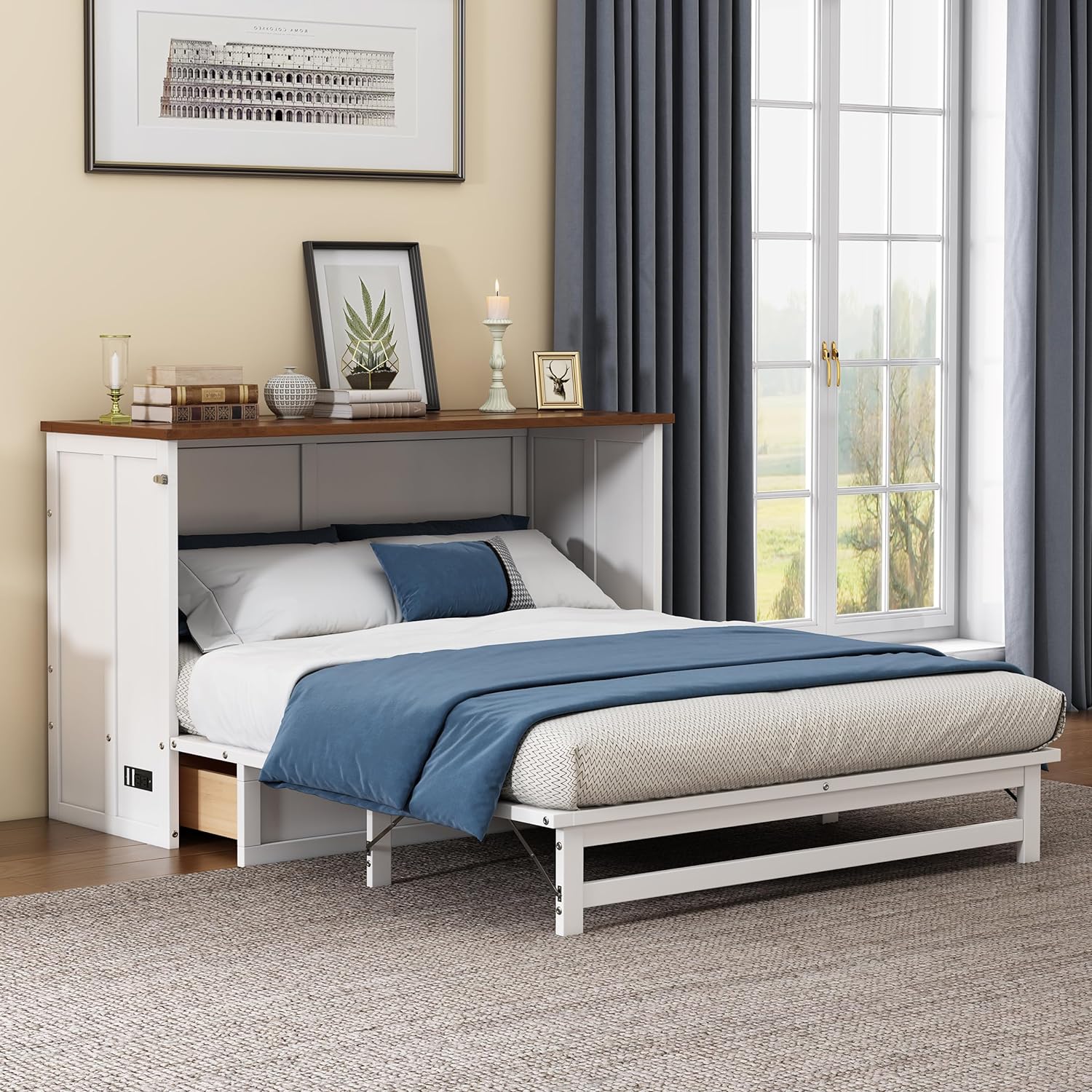 White+Walnut Full Size Murphy Bed with Large Drawer W2039