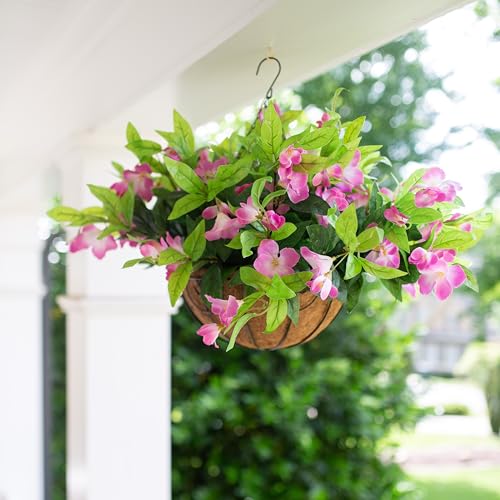 Pink Faux Azalea Hanging Basket in Pot Planter P4094