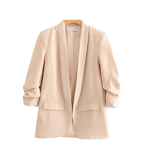 Women's Solid Ruffle 3/4 Sleeve Cardigan Jacket with Pockets C21370