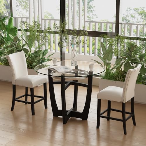 Ivory White Set of 2 Glass Counter Height Bar Stools with Upholstered Back K3667