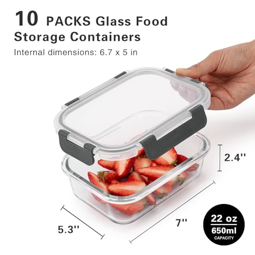 10 Pack 22 Oz Glass Meal Prep Containers with Lids, Gray Y110