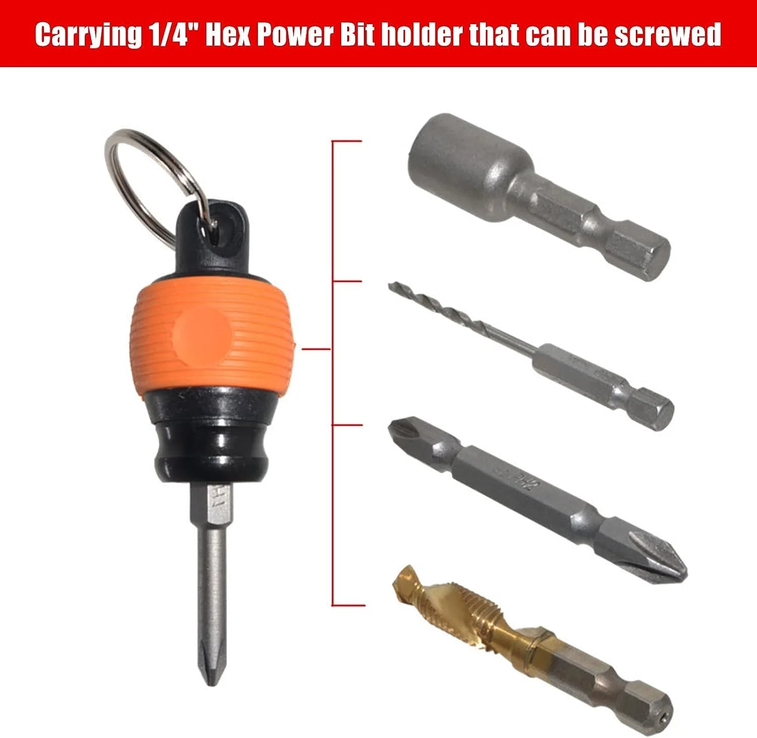 5 Pieces 1/4 Inch Ball Grip Bit Holder with Keychain Ring and Black Carabiner T5615
