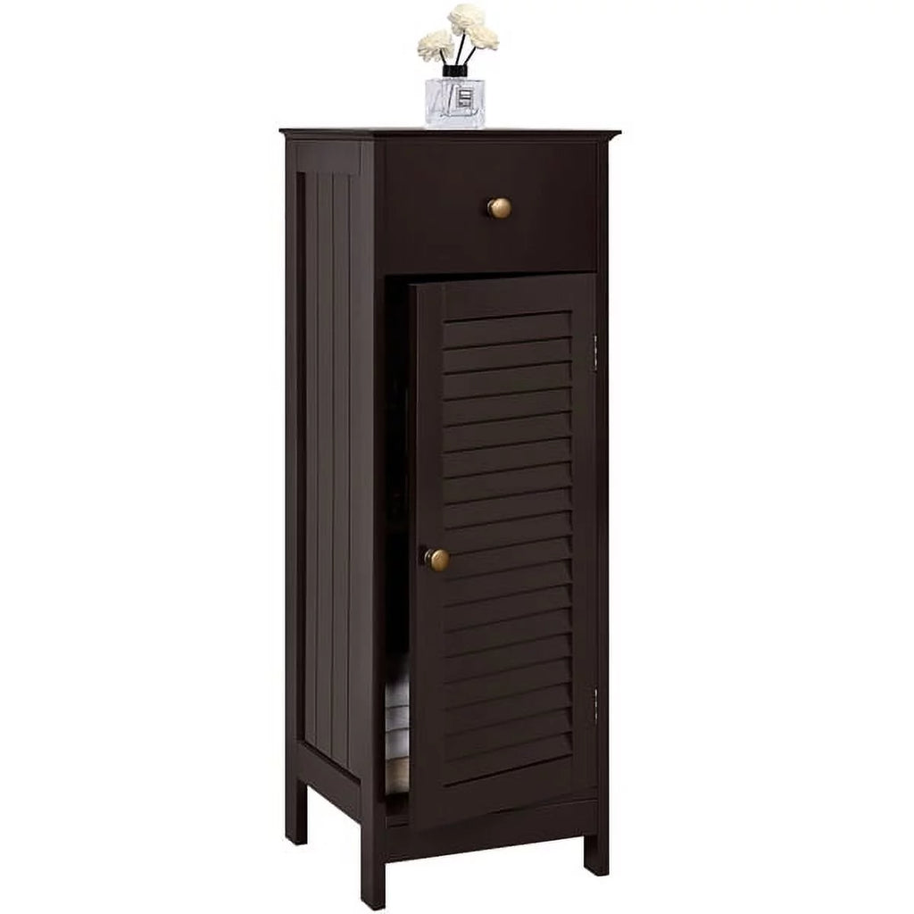 Espresso Wooden Bathroom Floor Storage Cabinet with Drawer and Single Shutter Door C670513