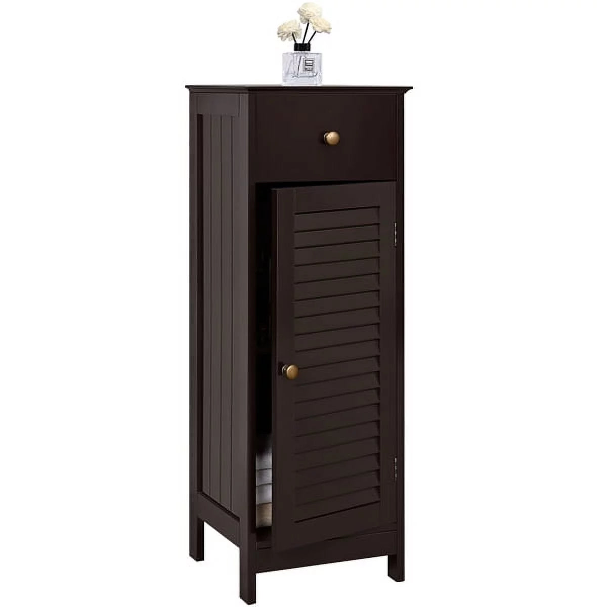 Espresso Wooden Bathroom Floor Storage Cabinet with Drawer and Single Shutter Door C670513