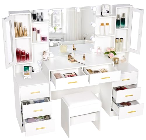 White Large Vanity Desk with Mirror and Lights 8 Drawers C6305