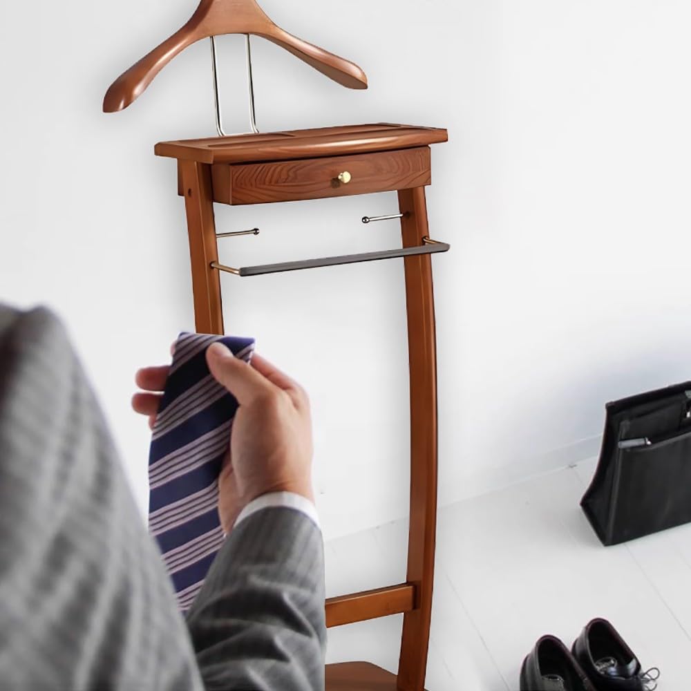 Solid Wood Suit Rack with Pants Bracket, Metal Valet Stand with Heavy Base, Wooden Clothes Valet with Tie Holder G1920