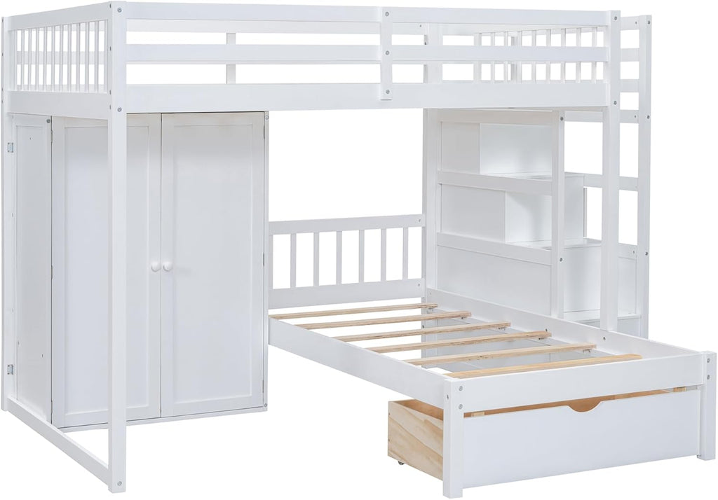 White Wood Bunk Bed with Wardrobe, Staircase and Drawers R38858