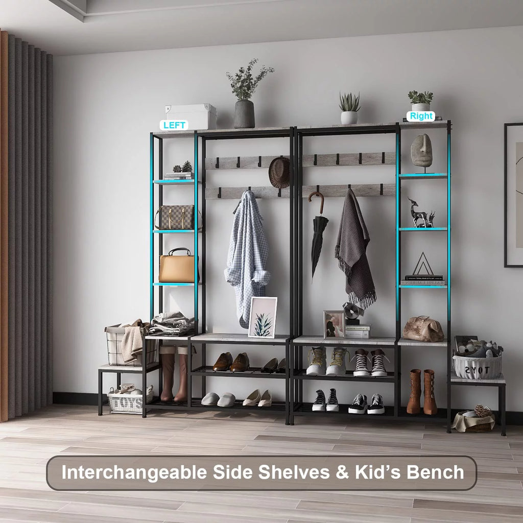 Hall Tree with Shoe Storage Bench, Coat Rack with 7 Hooks, 4 Tier Side Shelves C1674