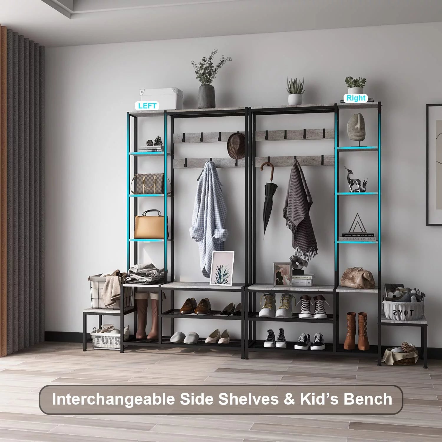 Hall Tree with Shoe Storage Bench, Coat Rack with 7 Hooks, 4 Tier Side Shelves C1674