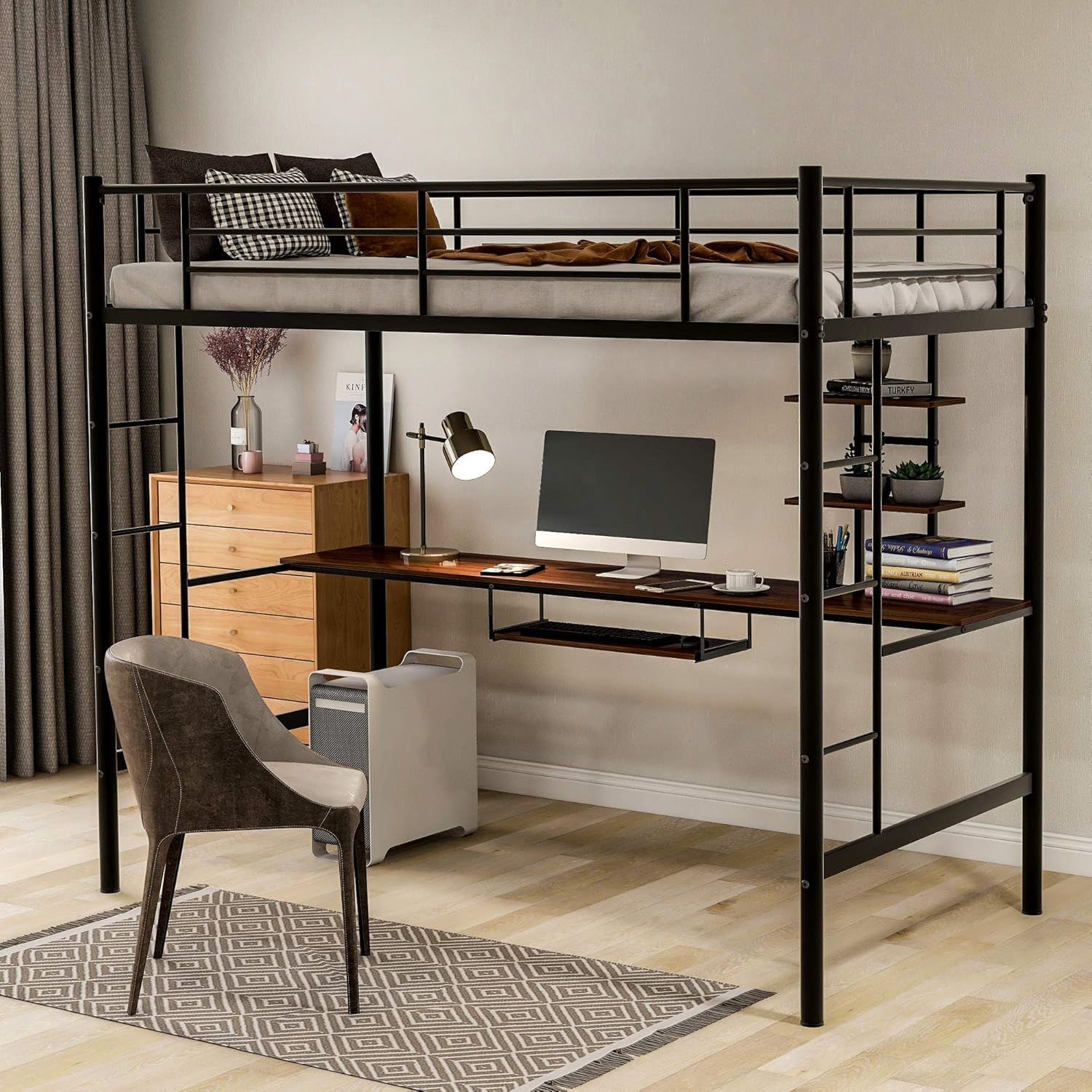 Twin Metal Loft Bed with Desk and Storage Shelf Z83224