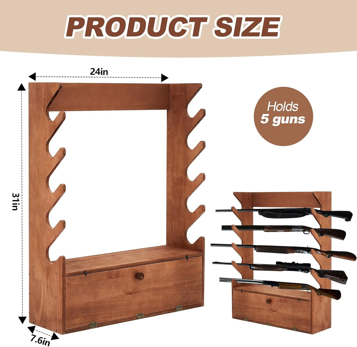 Walnut Color Pine Wood Gun Display Rack with Storage Compartment H2834