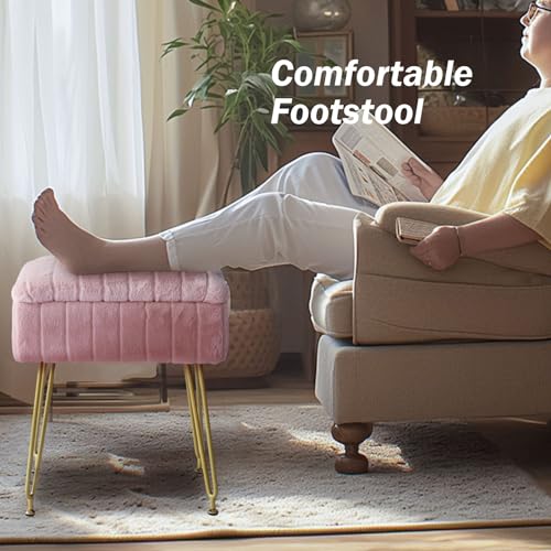 Pink Faux Fur Vanity Stool with Gold Metal Legs and Hidden Storage D82562