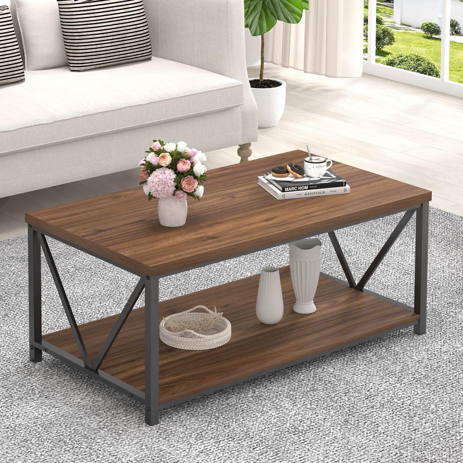 Rustic Walnut Coffee Table with Storage Shelf B1008