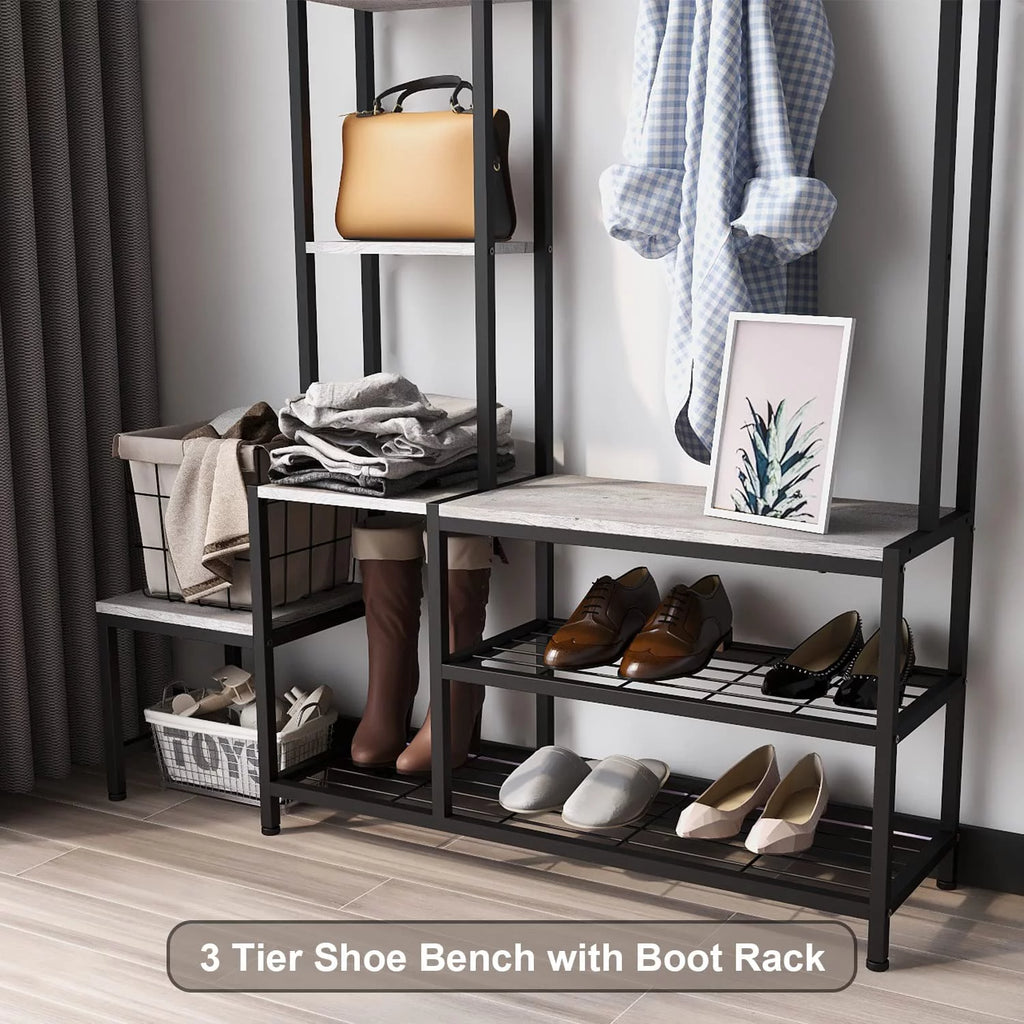 Hall Tree with Shoe Storage Bench, Coat Rack with 7 Hooks, 4 Tier Side Shelves C1674
