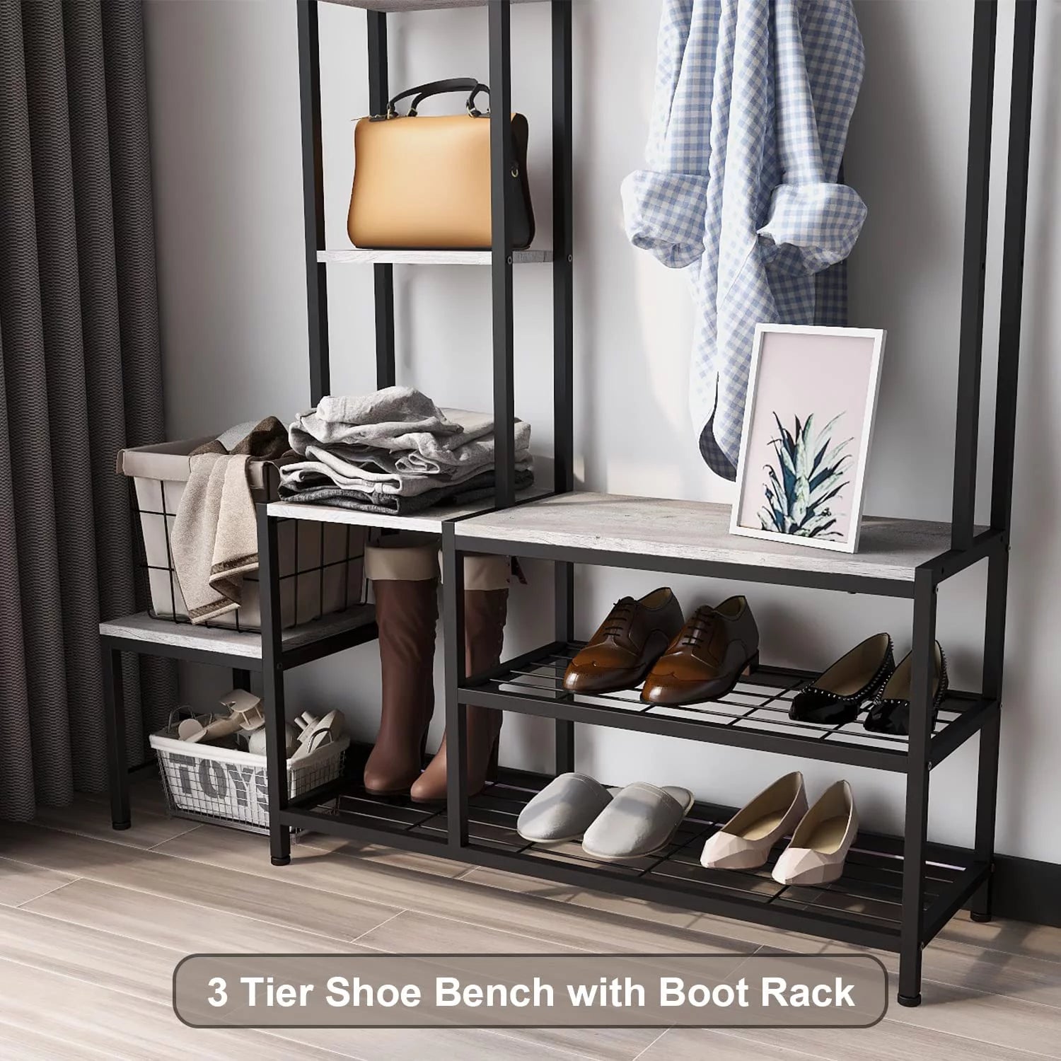 Hall Tree with Shoe Storage Bench, Coat Rack with 7 Hooks, 4 Tier Side Shelves C1674