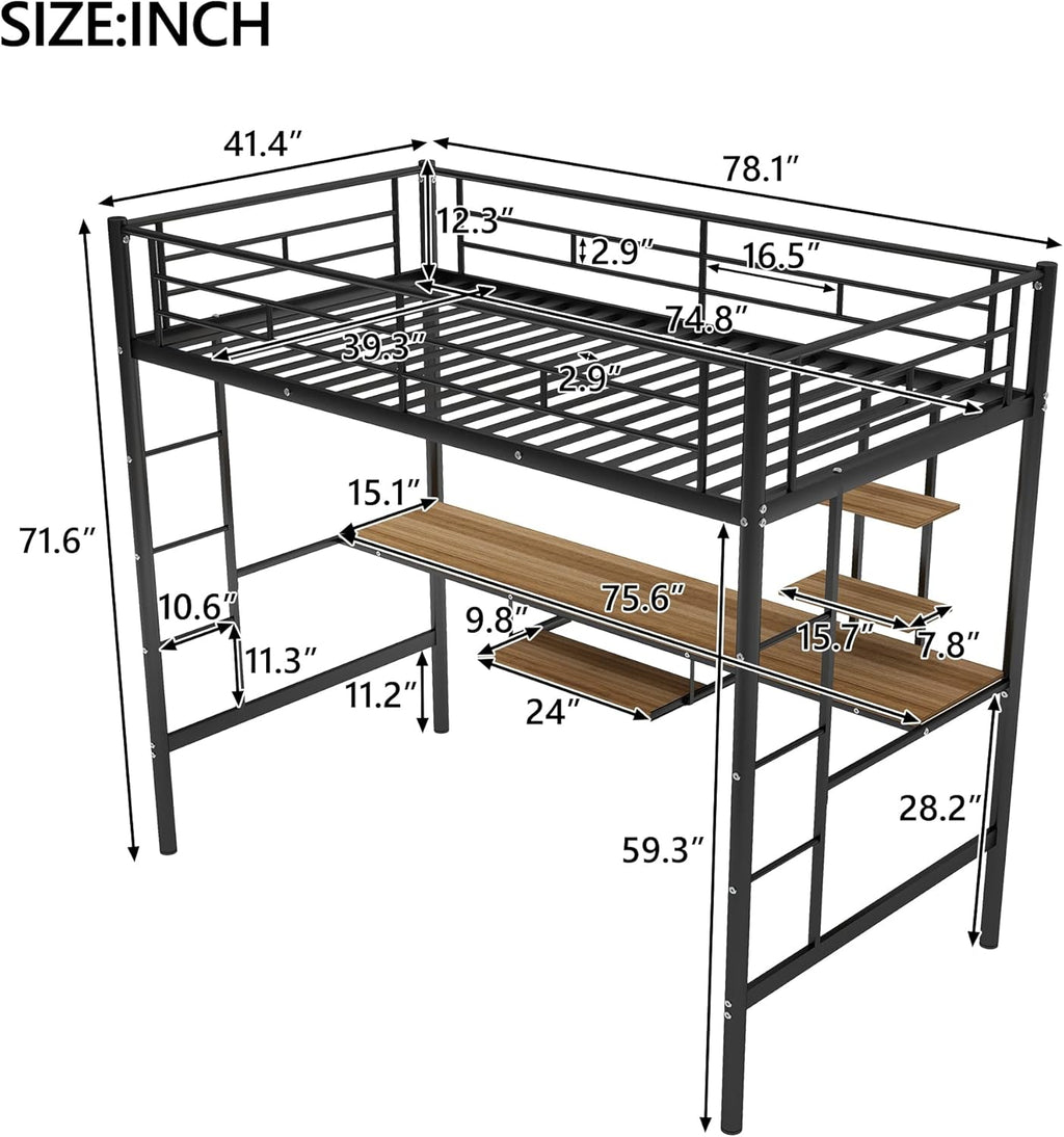 Twin Metal Loft Bed with Desk and Storage Shelf Z83224