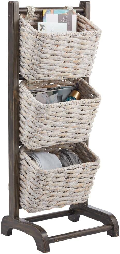 3 Tier Vertical Wood Storage Basket Stand with 3 Basket Bins - White/Natural/Tan Y123