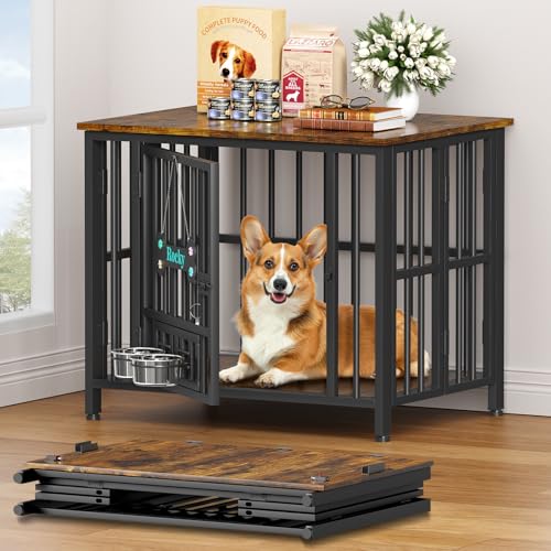 Rustic Brown Wooden Dog Crate Furniture with Adjustable Bowls R6620
