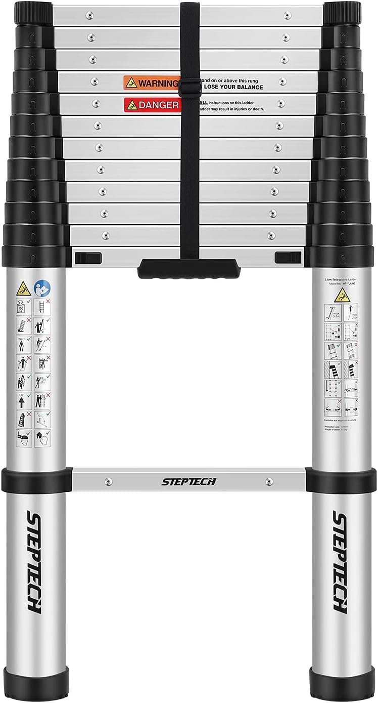 Telescoping Ladder 9.5 ft Aluminum Anti-Pinch Collapsible Ladder 330 lbs Capacity D94839