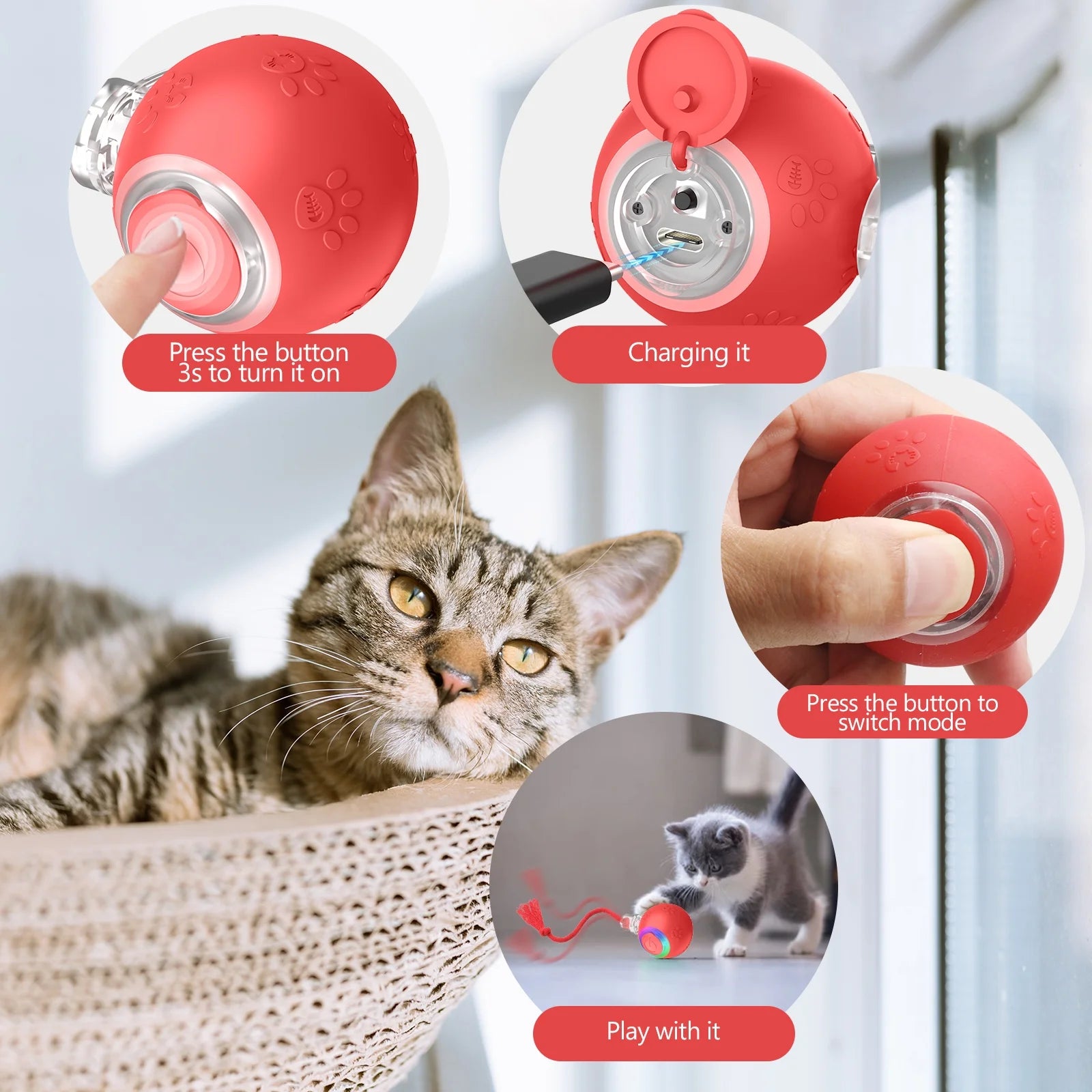 Motion-Activated Rolling Cat Toy with Tail (Yellow) P669499