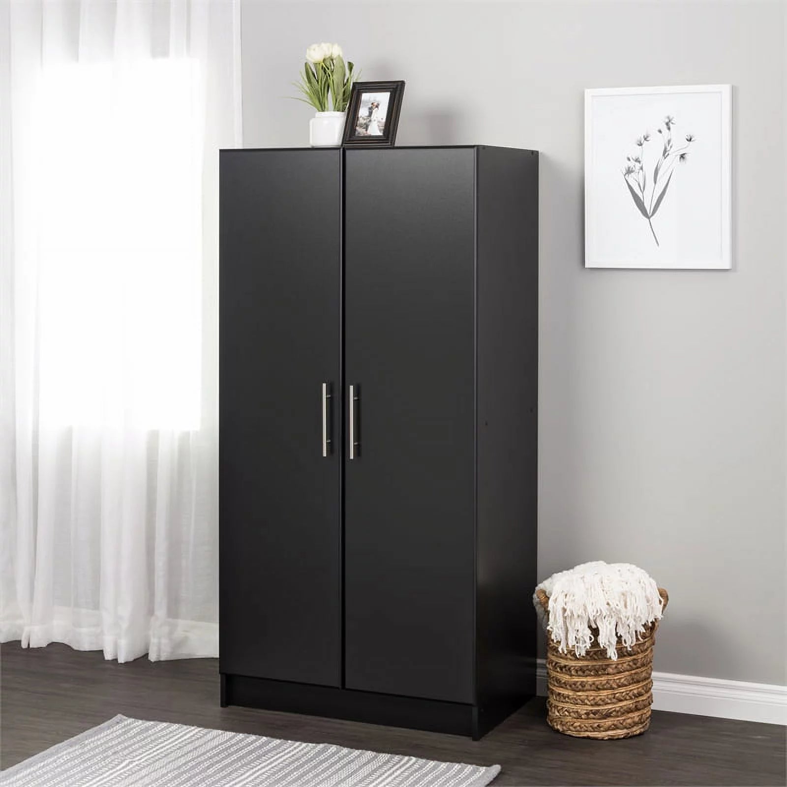 Black Storage Cabinet with Hanging Rail and Shelves Z732