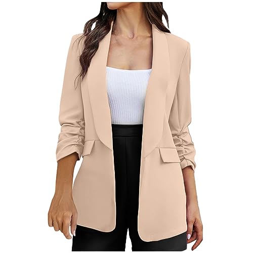 Women's Solid Ruffle 3/4 Sleeve Cardigan Jacket with Pockets C21370