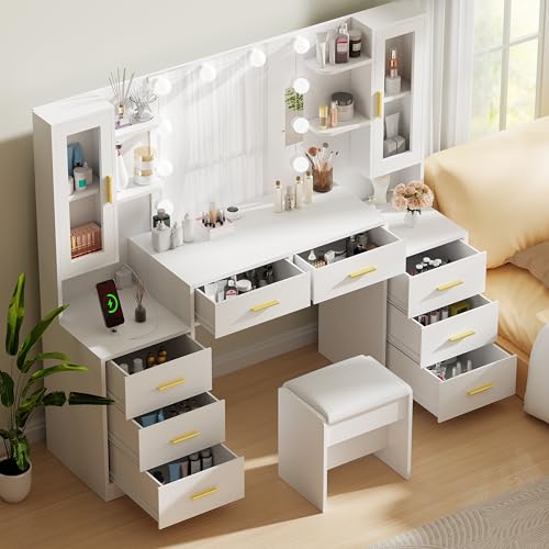 White Large Vanity Desk with Mirror and Lights 8 Drawers C6305