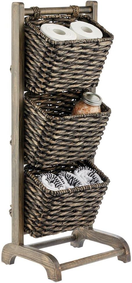 3 Tier Vertical Wood Storage Basket Stand with 3 Basket Bins - White/Natural/Tan Y123