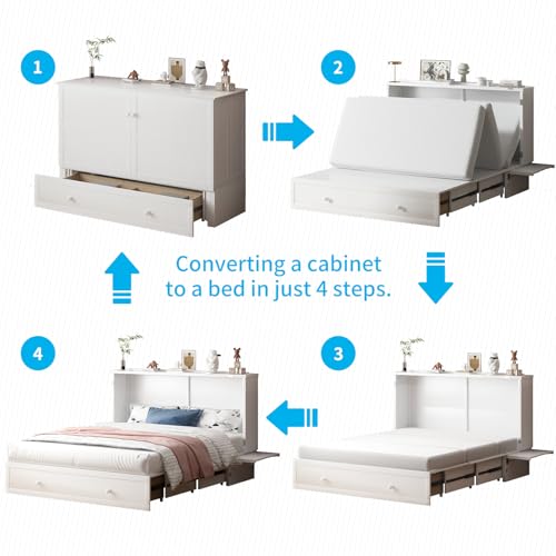 White Queen Cabinet Bed with Tri-fold Mattress Z11196