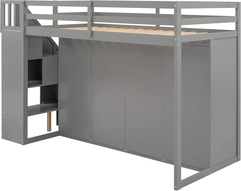 Twin Size Wooden Loft Bed with 3 Shelves, 2 Wardrobes, 2 Drawers, Ladder V848045