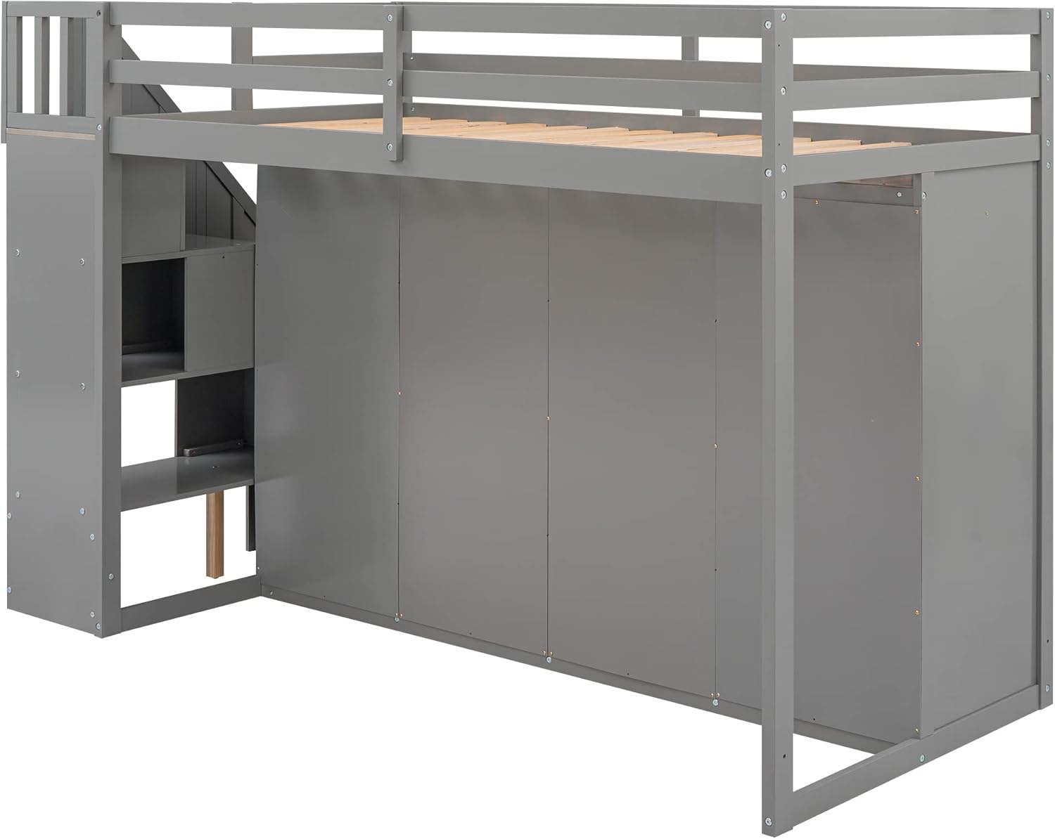Twin Size Wooden Loft Bed with 3 Shelves, 2 Wardrobes, 2 Drawers, Ladder V848045