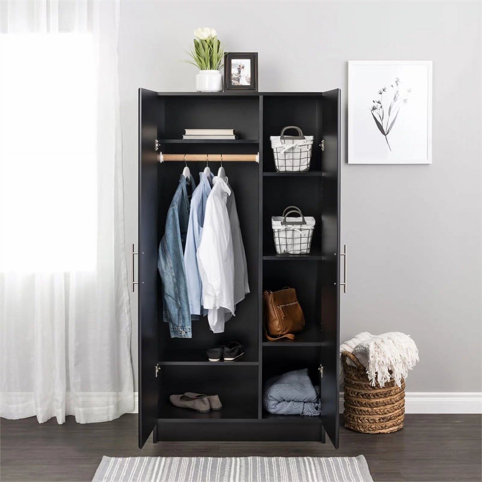 Black Storage Cabinet with Hanging Rail and Shelves Z732