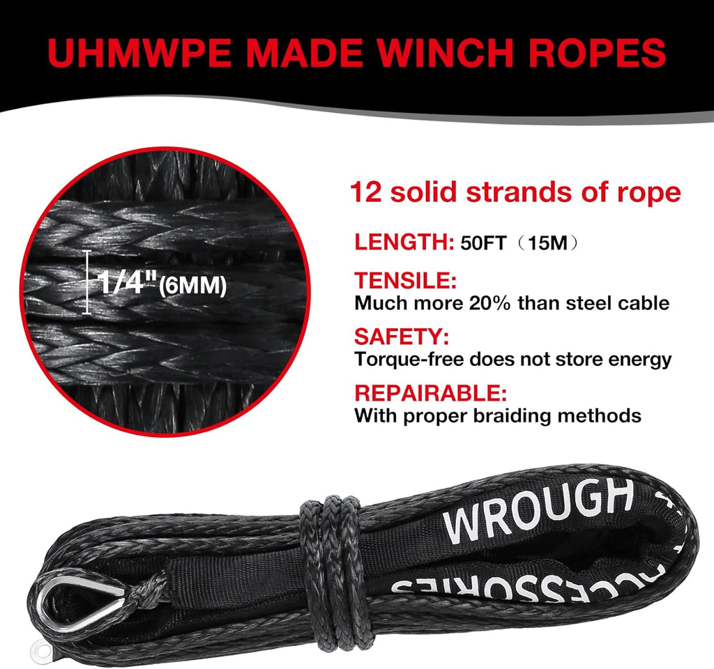 1/4" 50 Ft Black Synthetic Winch Rope with Steel Hook C74861