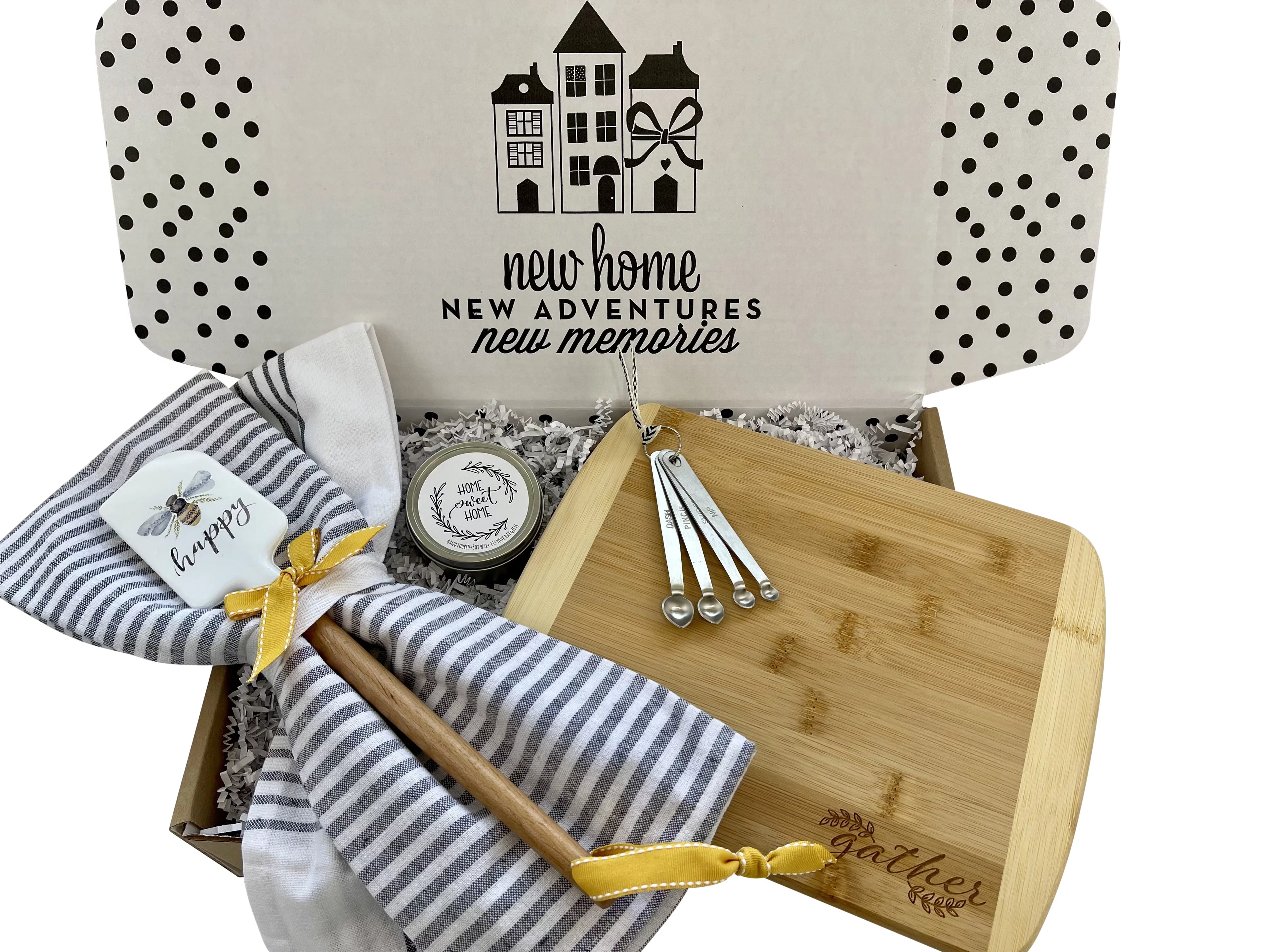 New Home Gift Basket with Cutting Board Spoons Candle Q328