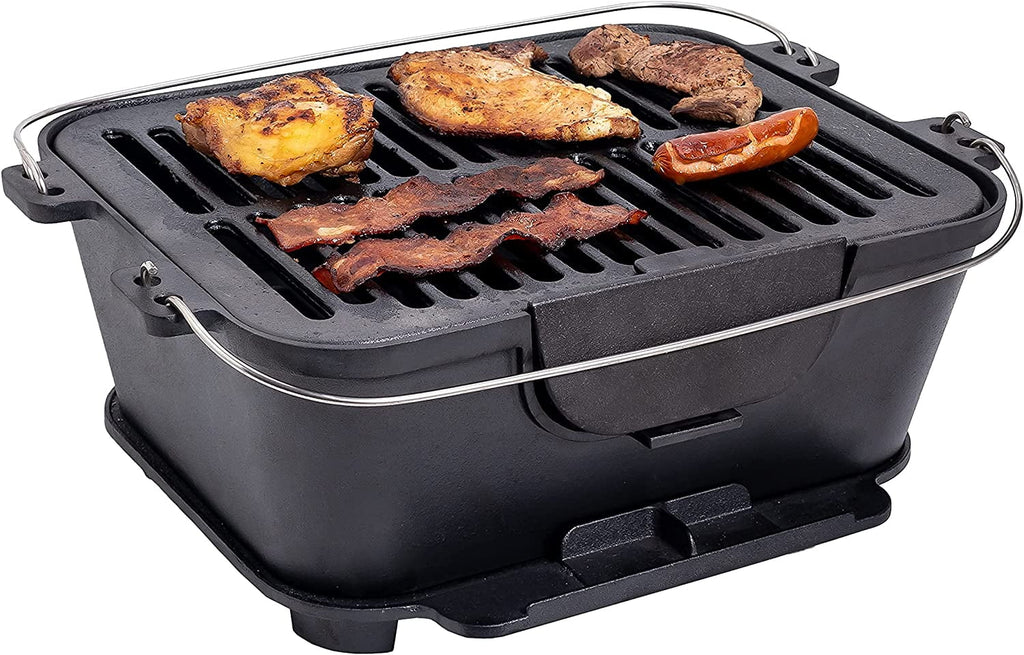 Pre-Seasoned Portable Cast Iron Charcoal Rectangle BBQ Grill, 14" x 12" Grilling Surface B75895