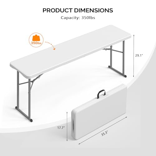 White 6 FT Narrow Folding Table with HDPE Material and Metal Frame N41154