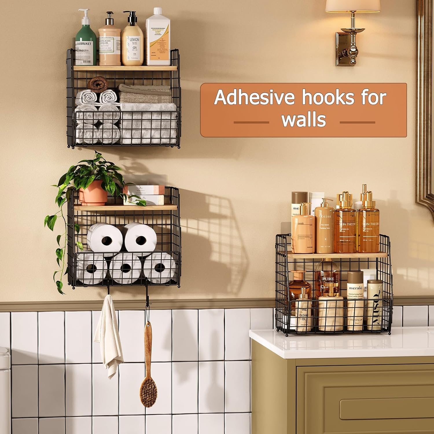 3 Pack Hanging Wire Basket with Wood Lid & S Hook L629