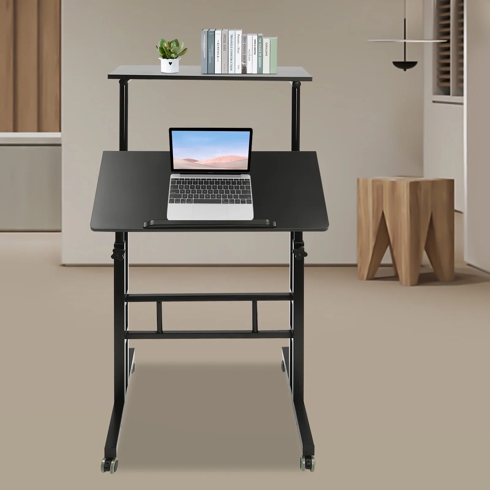 24" Mobile Stand Up Desk Adjustable Height Small Storage Desk with Wheels Black Q8598
