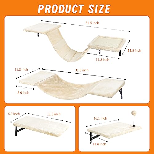 7 Pcs Beige Wood Cat Climber Set with Shelves, Perches, Bridge, Hammock, Scratching Board J680829