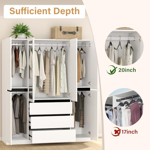 White 4 Door Wooden Armoire Wardrobe with Mirror F4543