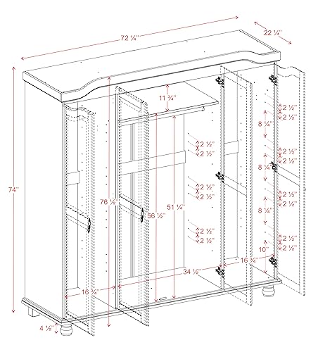 100% Solid Wood 4-Door Wardrobe Armoire with Mirrored Doors, Mocha R4259