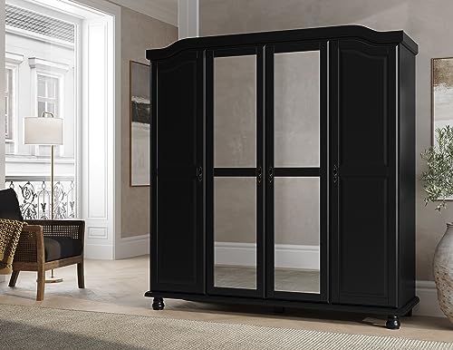 100% Solid Wood 4-Door Wardrobe Armoire with Mirrored Doors, Mocha R4259