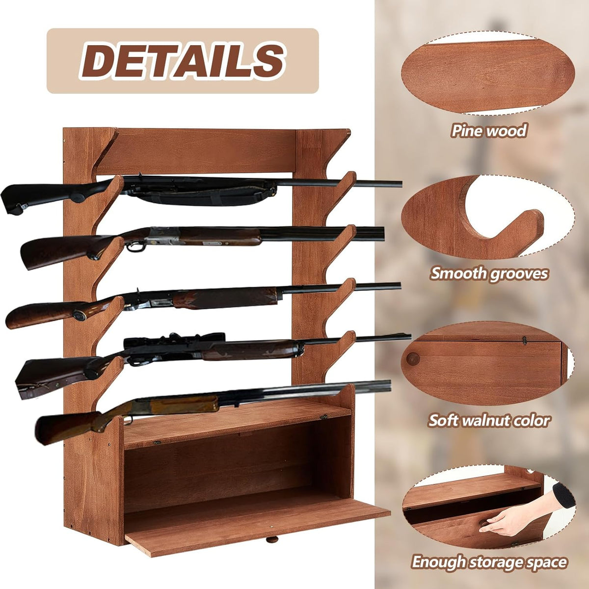 Walnut Color Pine Wood Gun Display Rack with Storage Compartment H2834