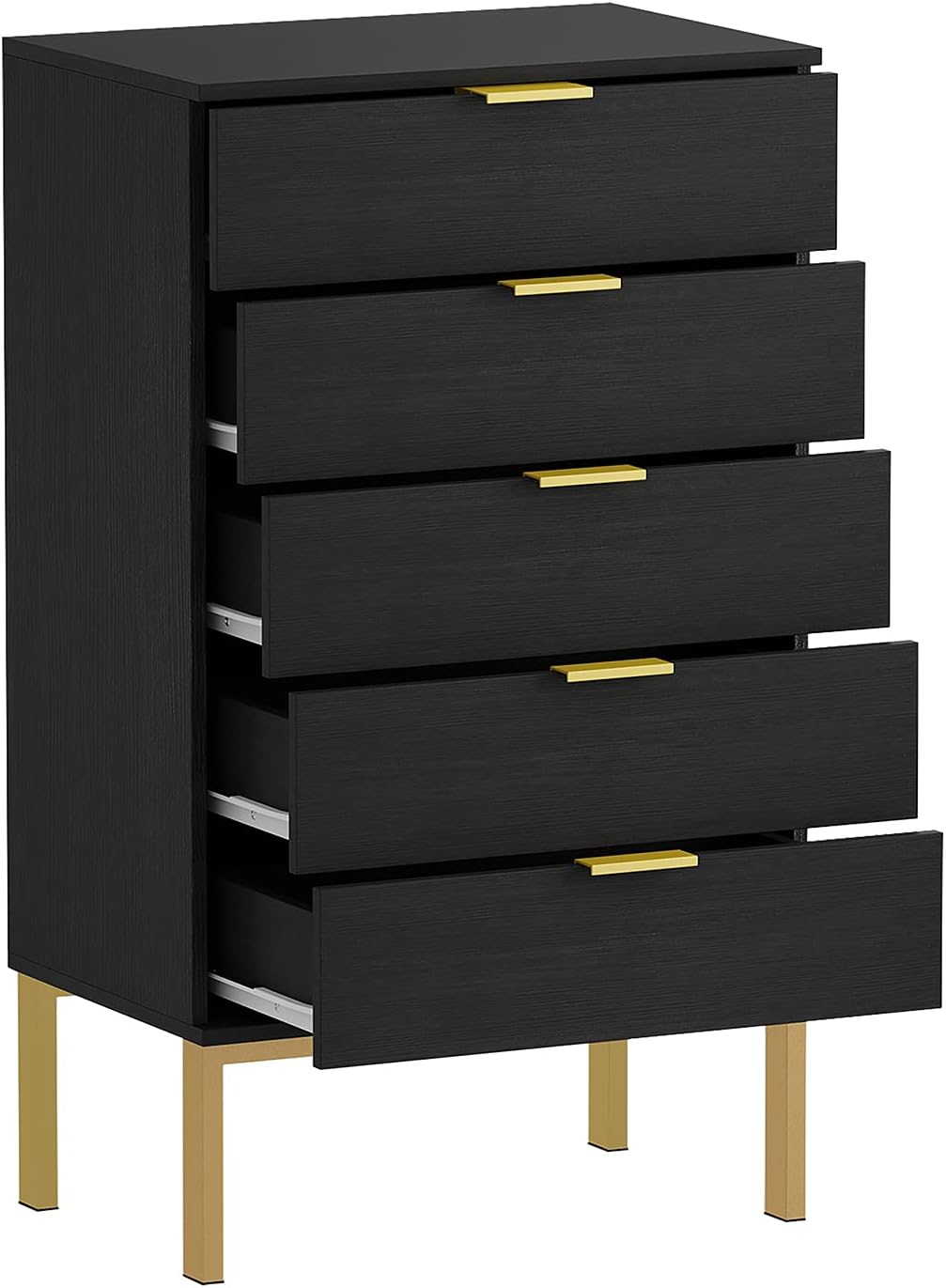 Black 5 Drawer Wood Dresser with Gold Metal Legs H285