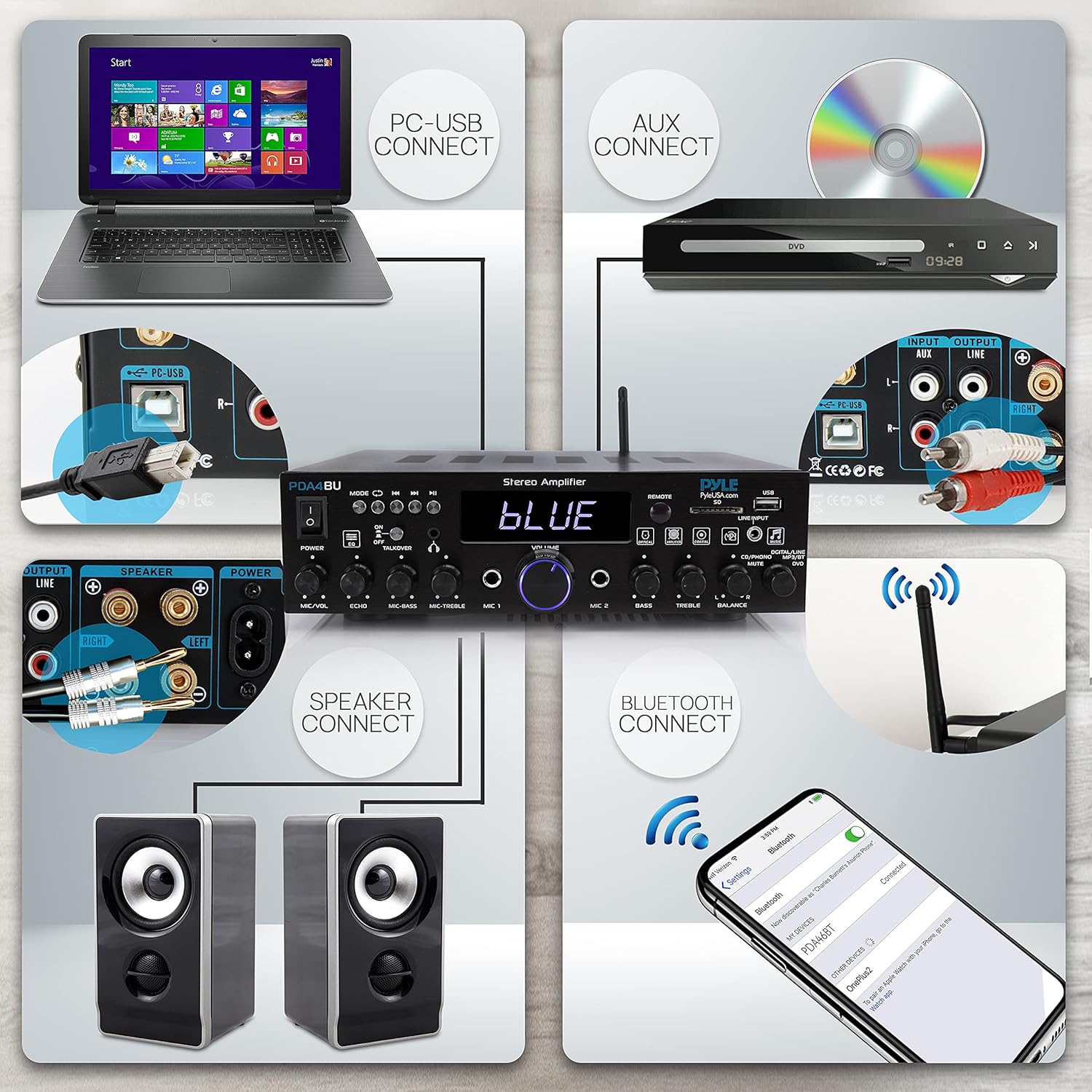 Wireless Bluetooth Home Stereo Amplifier 200 Watt Power Amplifier Home Audio Receiver J4779