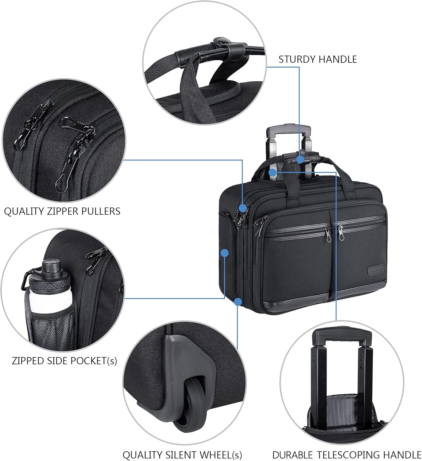 Black Rolling Laptop Bag with RFID Pockets D2416