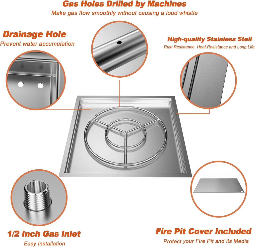 30" x 30" Square DIY Drop-in Firepit System Assembly Set with Stainless Steel Fire Pit Burner Pan, Burner Ring and Protective Cover E129623