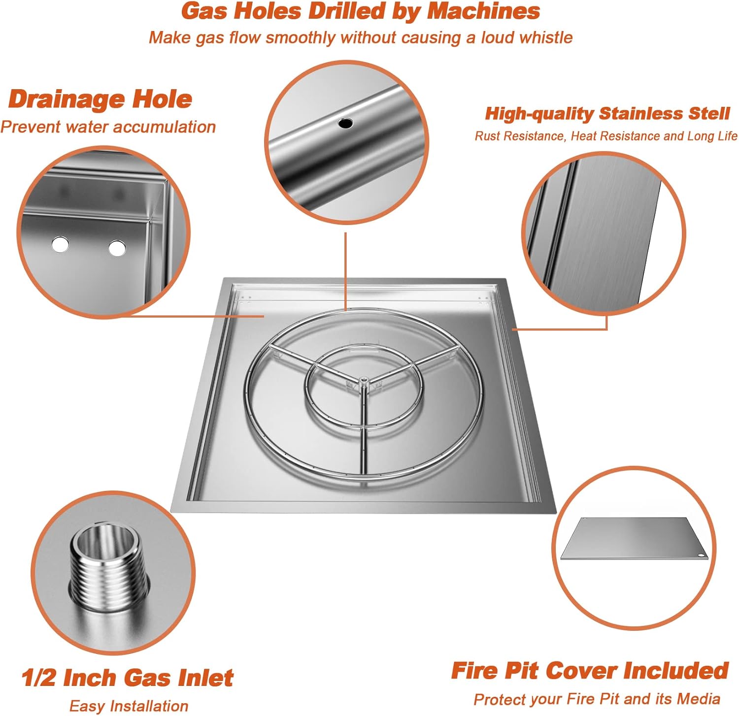 30" x 30" Square DIY Drop-in Firepit System Assembly Set with Stainless Steel Fire Pit Burner Pan, Burner Ring and Protective Cover E129623