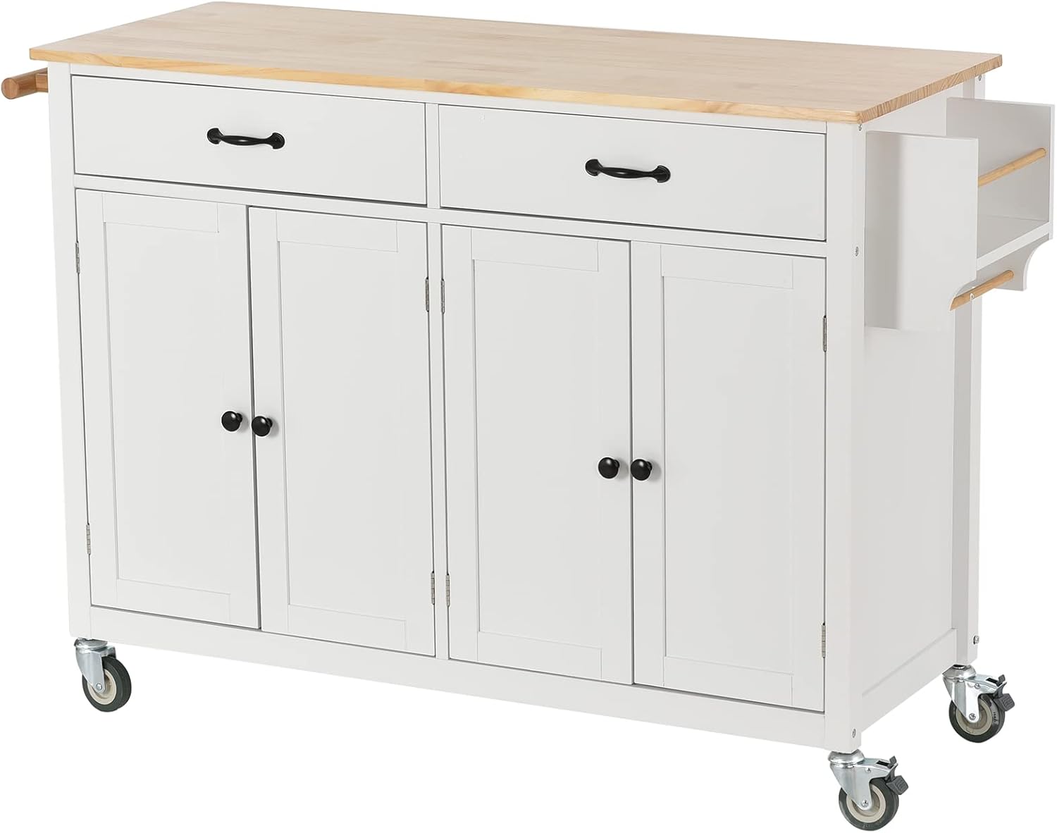 White Rolling Kitchen Island Cart with Solid Wood Top, 2 Drawers and 4 Door Cabinet T13193
