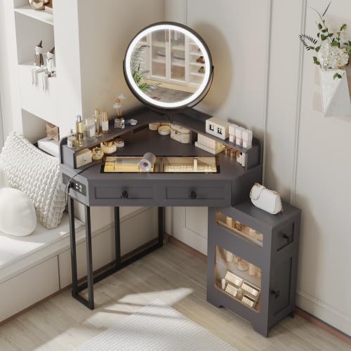 White Glass Top Corner Vanity Desk with Mirror and Lights, 4 Drawers Z437806